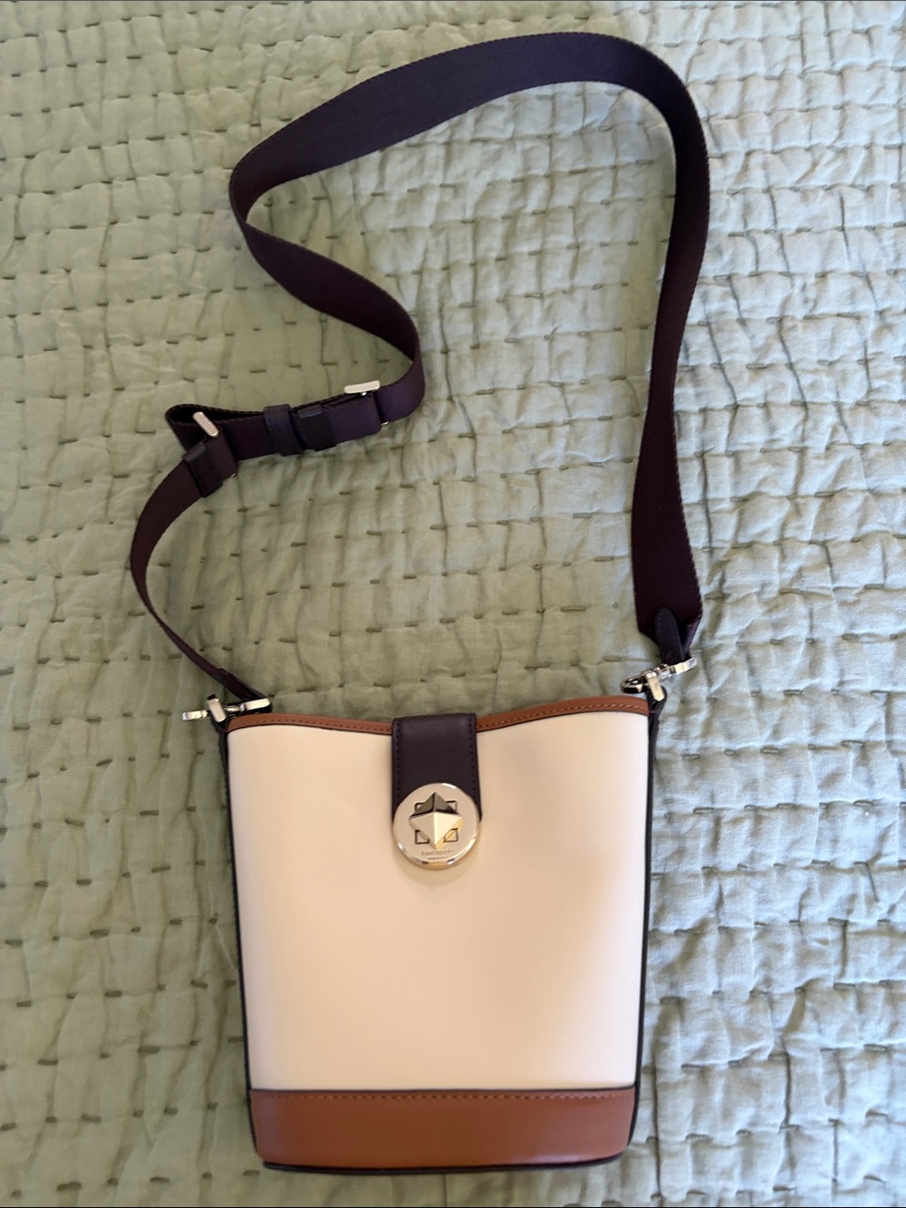 kate spade Cream and Brown Crossbody Bucket Bag with Dark Purple Strap